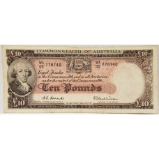 AUSTRALIA 1954 . TEN 10 POUNDS BANKNOTE . COOMBS/WILSON . FIRST PREFIX WA00